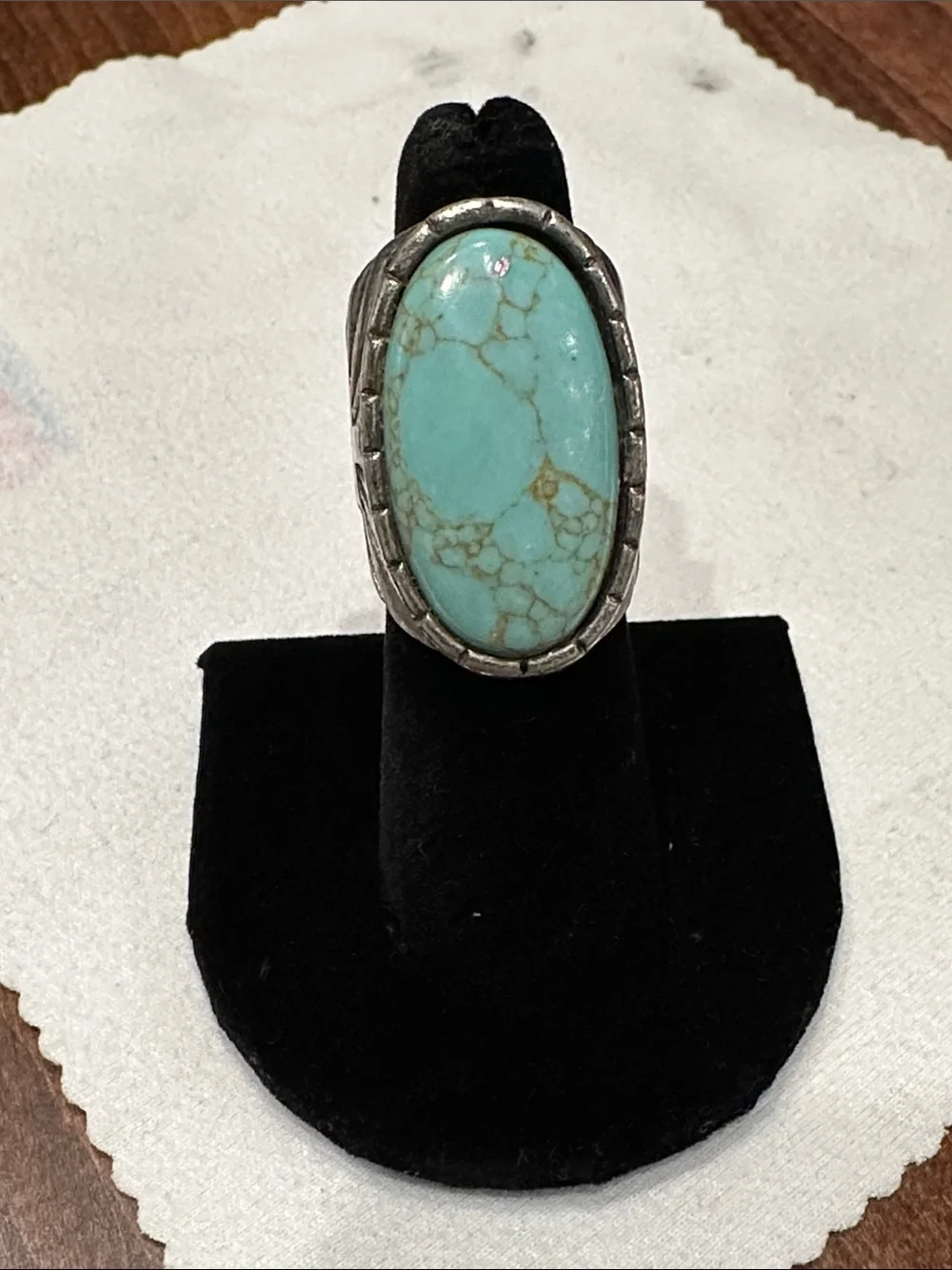 Vintage Southwestern Silver-Tone Cross Ring Turquoise-Color Cabochon Sz 5-3/4
